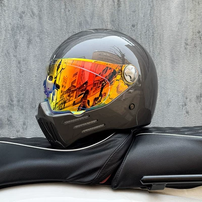 Retro Motorcycle Helmet for Men and — Motosiklet kaskı (dəbilqə) - metallic-gray-with-phantom-red-night-vision-transparent-mirror-included-m