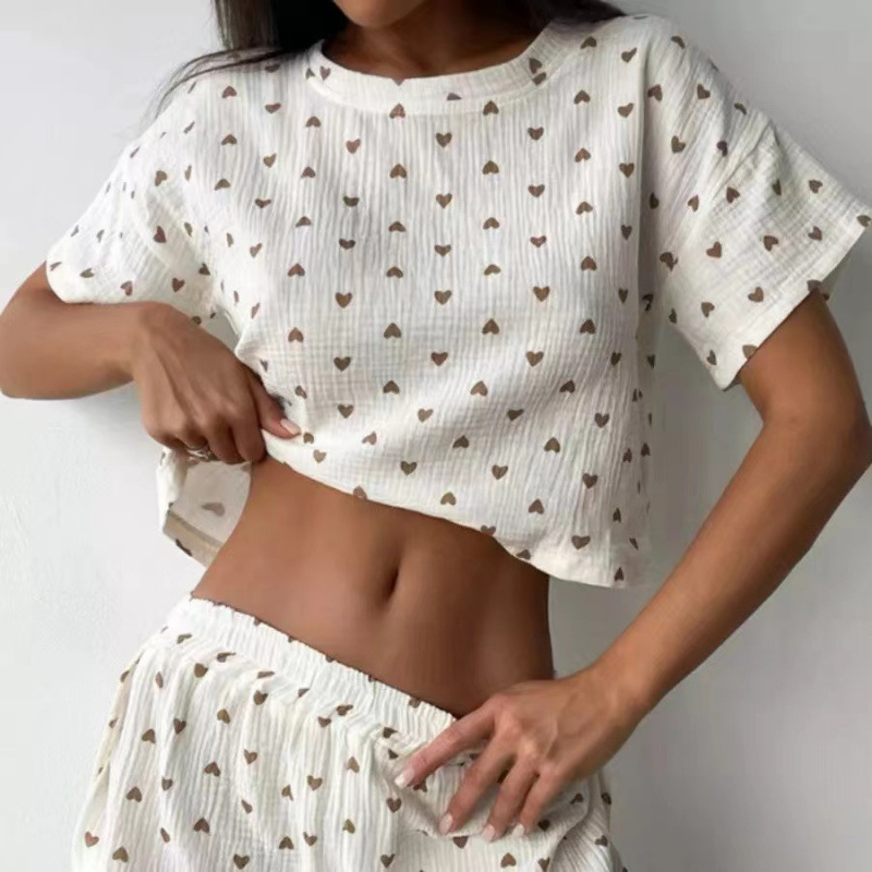 Cross-Border Export Women's Home Wear Heart Print Casual Ribbed Wearable European and American Style Pajamas Crop Top T-Shirt