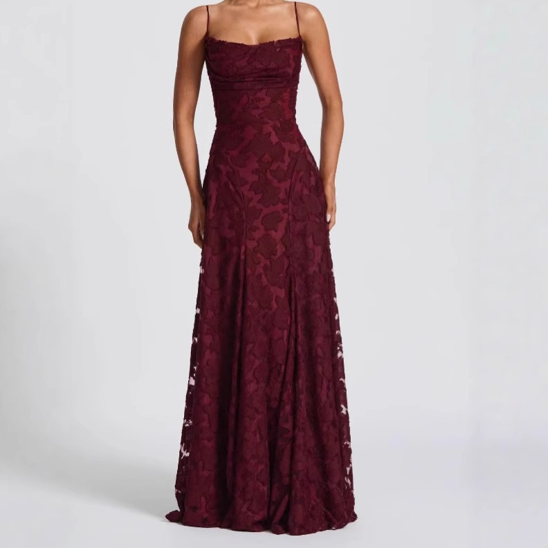 Cross-Border New Sexy Sleeveless Suspender Backless Women's Chiffon Embroidered Square Neck Prom Evening Dress Burgundy Dress