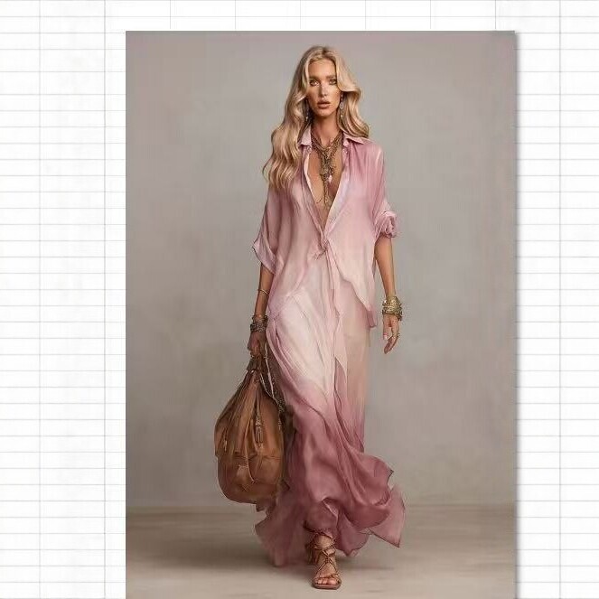 Pink gradient long shirt dress, holiday style, loose and elegant women's fashion casual outfit Pink gradient long shirt dress, holiday style, loose and elegant women's fashion casual outfit