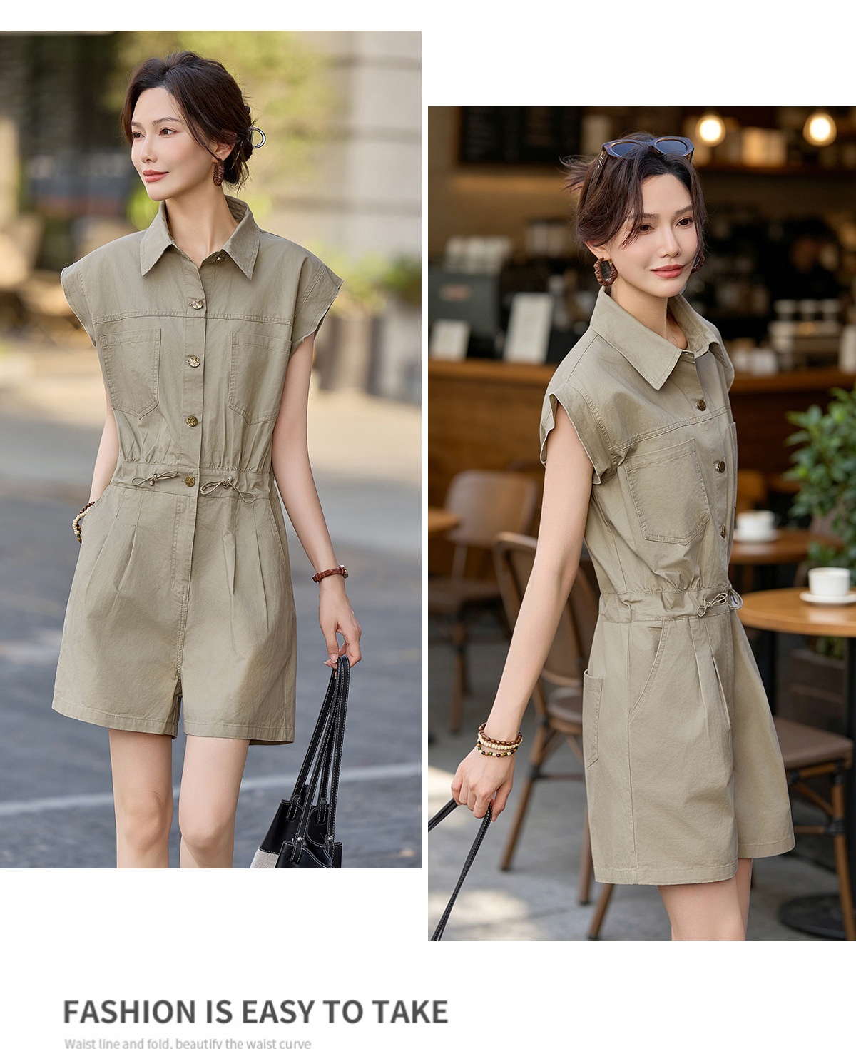 Jumpsuit nữ dáng suông tay ngắn phong cách công sở cổ điển — Quân đội xanh, màu kaki chi tiết 17