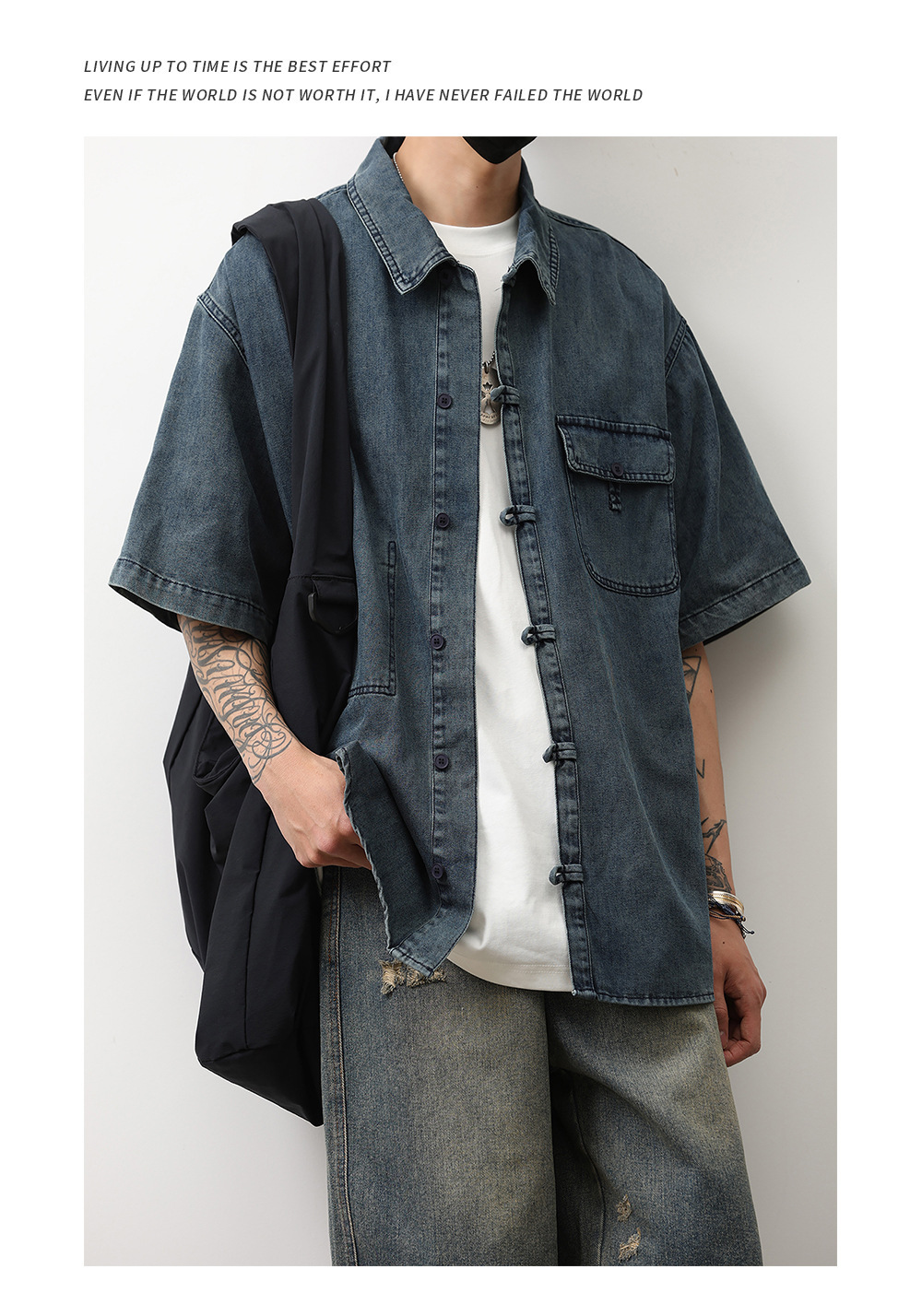 1 Denim Short Sleeve Summer New Chinese Niche Design Button Dark Blue Shirt Men's National Style Jacket Trendy_voghion.com