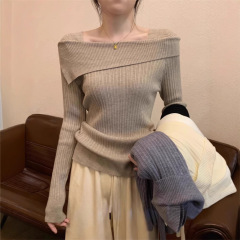 一字肩针织打底衫女春秋冬不规则内搭法式高腰正肩锁骨长袖上衣