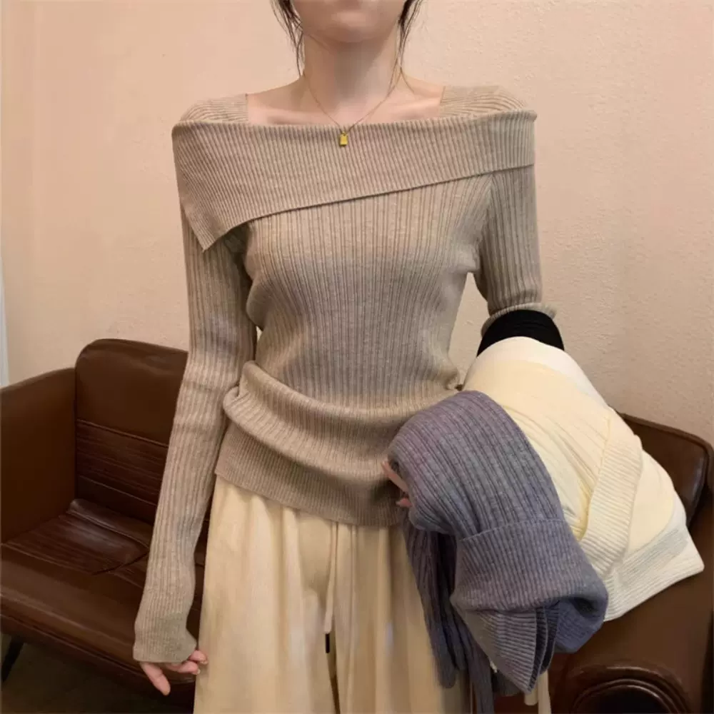 一字肩针织打底衫女春秋冬不规则内搭法式高腰正肩锁骨长袖上衣