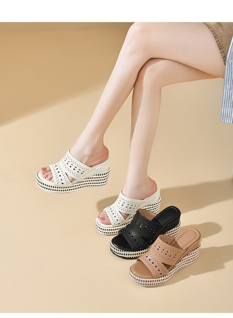 Sandal hở mũi nữ da bò cao cấp đế xuồng tăng chiều cao — màu đen, Trắng kem-, màu mơ chi tiết 5