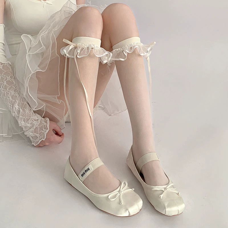 Летние милые белые носки до колена с бантом, стильLolita, средняя длина