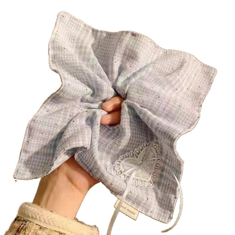 蓝色时尚百搭格子蕾丝蝴蝶结方巾大肠发圈高级感方形头绳发饰饰品|undefined