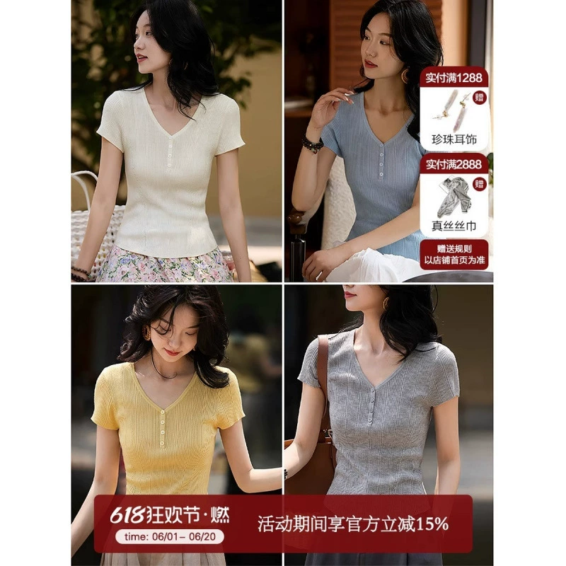 Летний топ из лиоцелла, шелка и шерсти, стильный и модный, с V-образным вырезом и короткими рукавами, коллекция 2025 года.