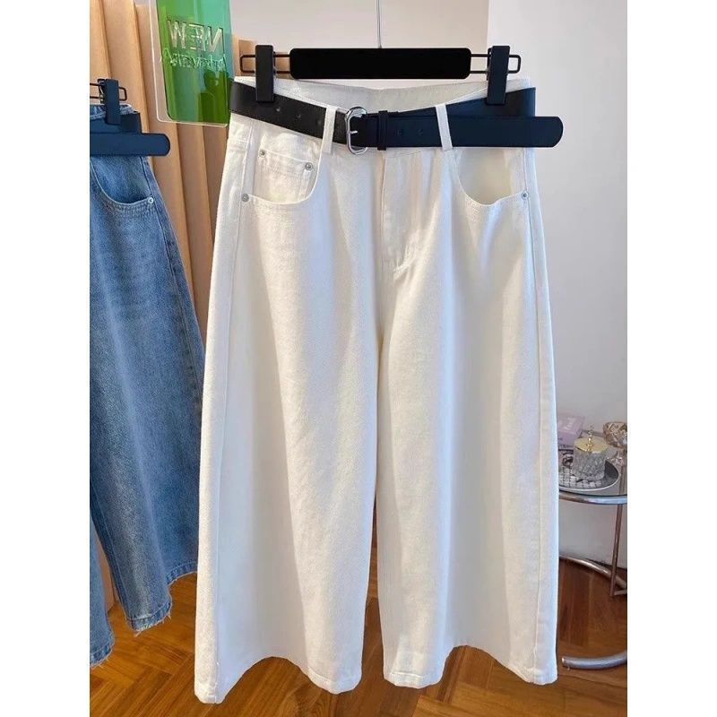 American Retro White Wide-Leg Cropped Denim Shorts for Women, Summer Versatile High-Waisted Loose Slimming Straight Mid-Length Pants Trendy