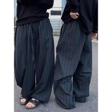 港风复古百搭黑蓝竖条纹弯刀阔腿裤男休闲宽松设计可束脚拖地长裤