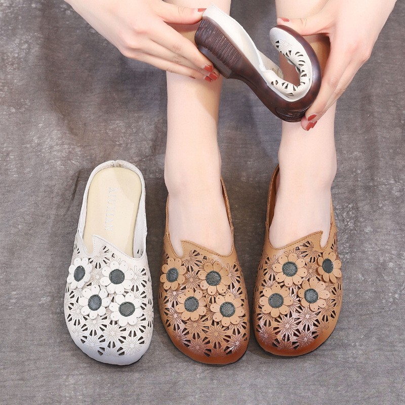 Vintage Ethnic Style Baotou Cowhide Slippers Women's Summer Outer Wear Flat Beef Tendon Soft Bottom Casual Hollow Sandals Women's Shoes