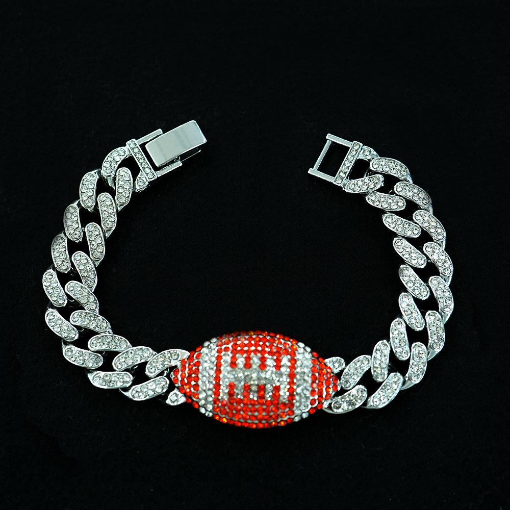 Hip Hop transfronterizo pulsera de aleación de rugby rojo personalidad hombre completo diamante fábrica de pulsera de rugby cubano al por mayor