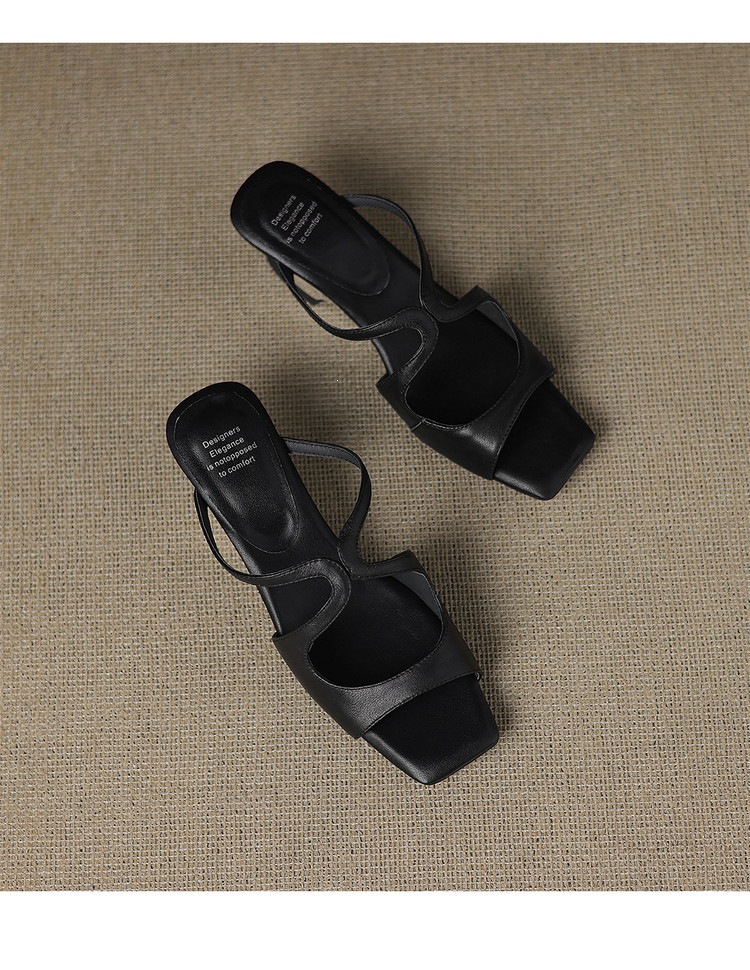 Sandal nữ da bò mũi vuông hở ngón gót lạ mắt — màu đen, màu trắng ngà, bạc chi tiết 23