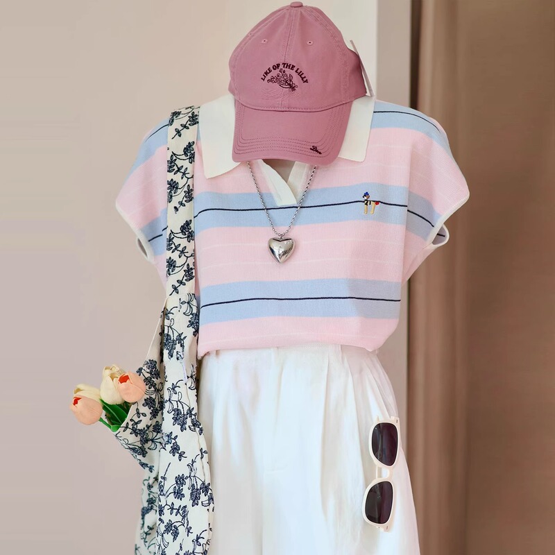 ポロラペル右肩ピンチウエストスリム半袖Tシャツレディース夏シックなストライプコントラストカラースモールフライングスリーブニットトップ|undefined