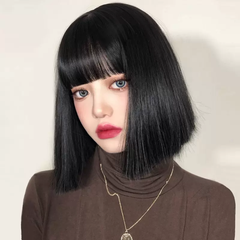 Lisa同款发型假发女短发一刀切锁骨发仿真人发丝自然少女全头套式