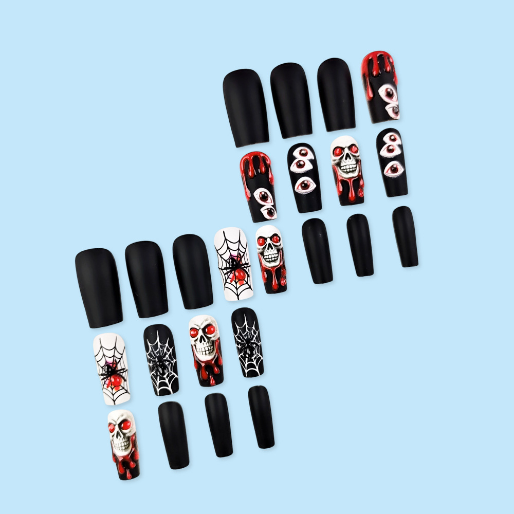 Halloween manicure piezas de uñas desgastadas uñas rectangulares 3D gotas de sangre tridimensionales esqueleto oscuro ojos del diablo pegatinas de uñas falsas