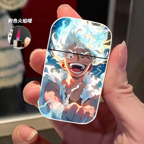 Pink Flame Creative Windproof Lighter Metal Inflatable Lighter Anime Cartoon One Piece Advertising Machine