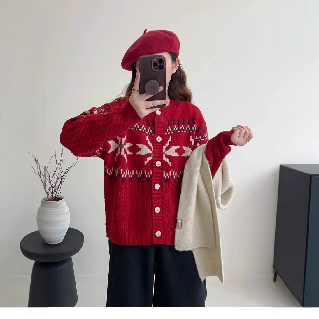 Jacquard torcido camisa de cuello redondo de punto Cardigan mujeres 2025 otoño y invierno nuevo estilo coreano suéter suelto abrigo image 5