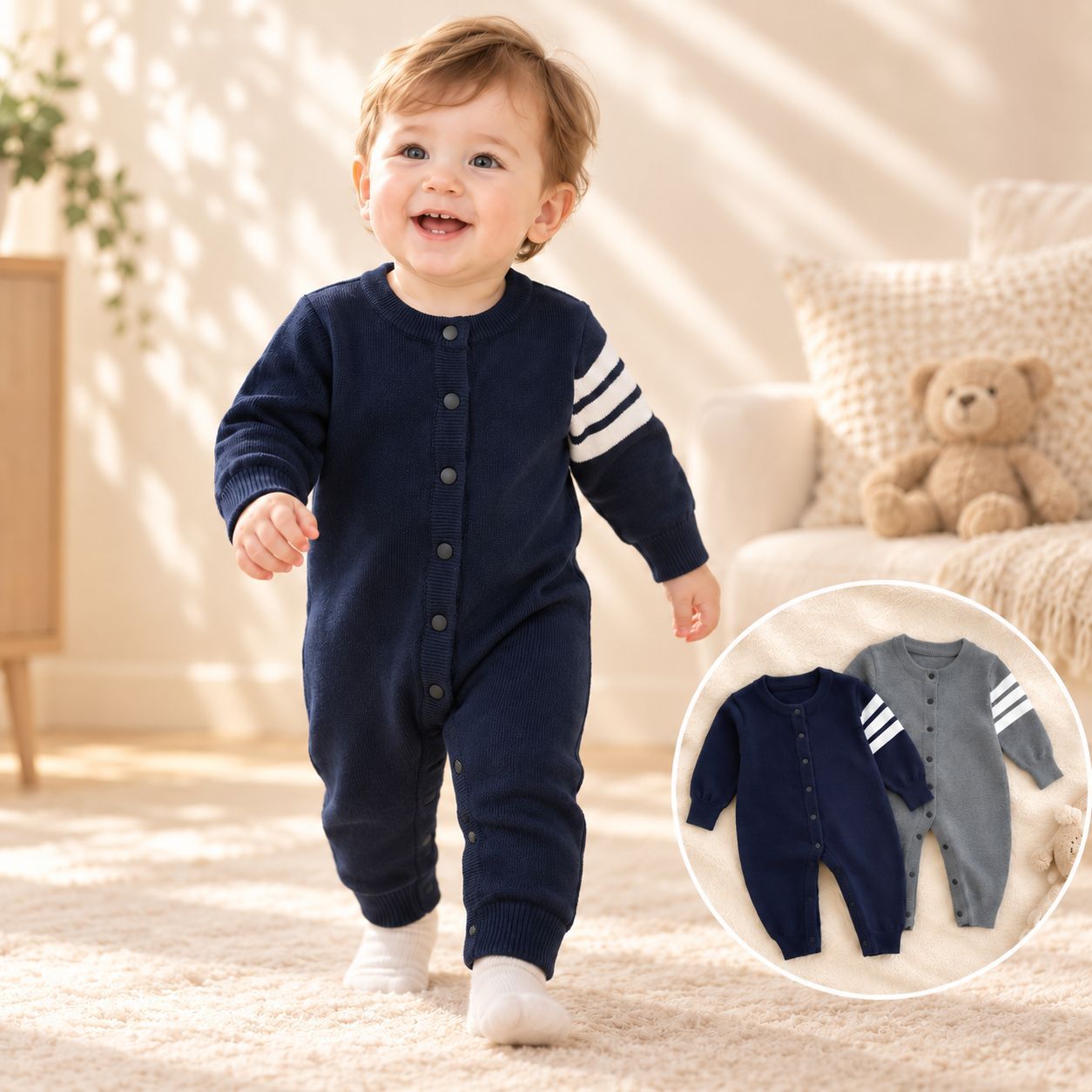 100% Cotton Knitted Long-Sleeved Romper for Boys and Girls, Stylish Striped Romper for Home and Outdoor Activities, Warm Sweater
