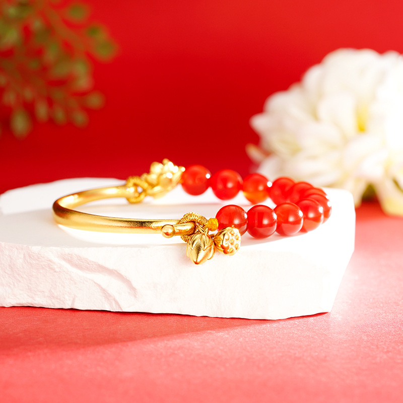 Vietnam oro rojo ágata cuentas media pulsera mujer Lotus estilo chino elegante pulsera rica flor Internet celebridad estilo fábrica al por mayor