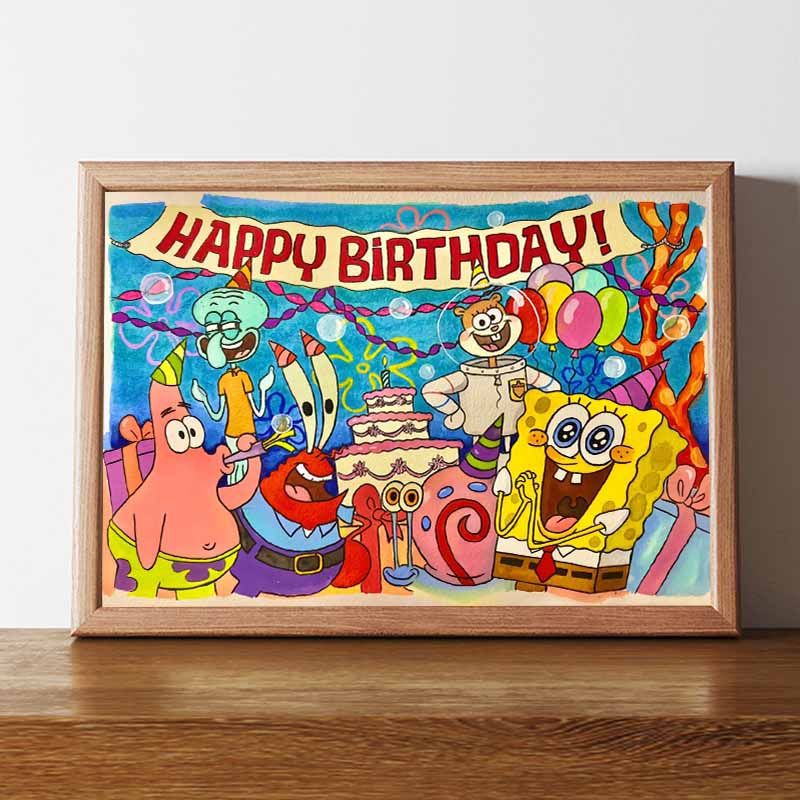派大星海綿寶寶生日快樂擺台裝飾畫動漫搞笑桌面擺畫朋友禮物擺件