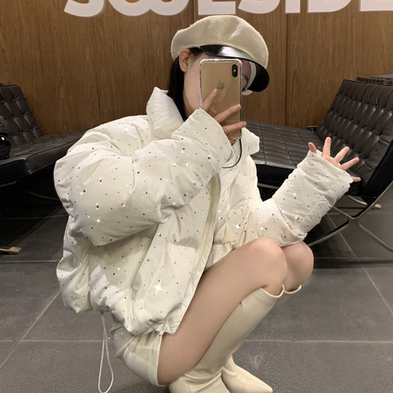 Trendy 2025 Winter New Niche Style Starry Sky Rhinestone Dark Spicy Girl Warm down Jacket Coat for Women