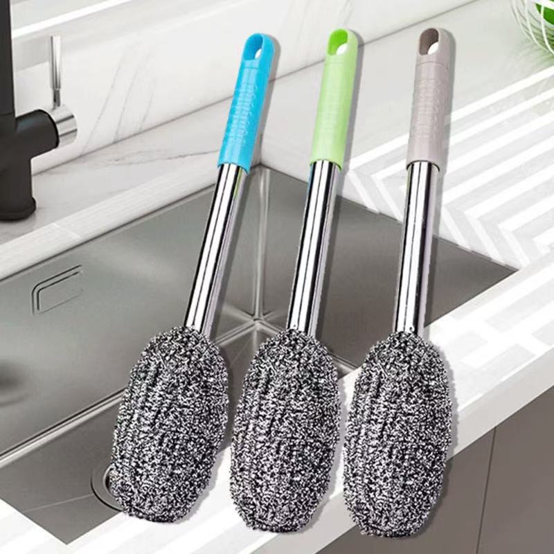 Steel wire brush long handle steel wire brush handle strong no dead angle cleaning does not hurt hands long handle stainless steel pot brush steel wire ball