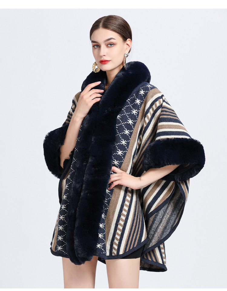 Mantella collo pelliccia grande taglia jacquard cardigan maglione cappotto donna_voghion.com