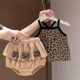 跨境婴儿婴幼儿宝宝吊带夏季豹纹衣服洋气背心时髦月龄套装分体发
