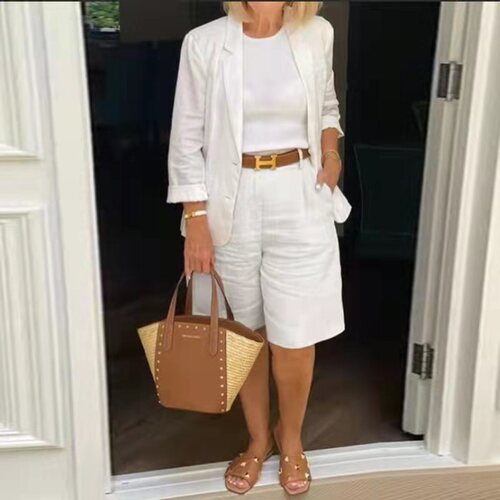 Amazon 2025 Spring and Autumn Cross-border New Foreign Trade Women's Cotton-Like Linen Cardigan Top Shorts Small Suit Two-Piece