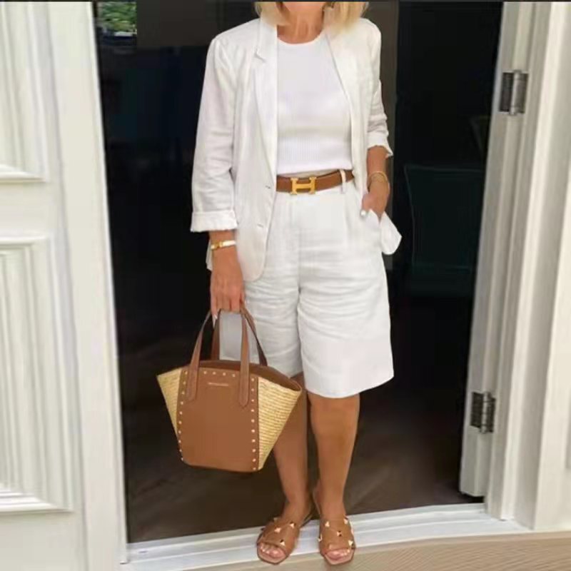 Amazon 2026 Spring and Autumn New Style Imitation Cotton-Linen Cardigan Blazer Set Women's Casual Shorts Two-Piece Set Amazon 2026 Spring and Autumn New Style Imitation Cotton-Linen Cardigan Blazer Set Women's Casual Shorts Two-Piece Set