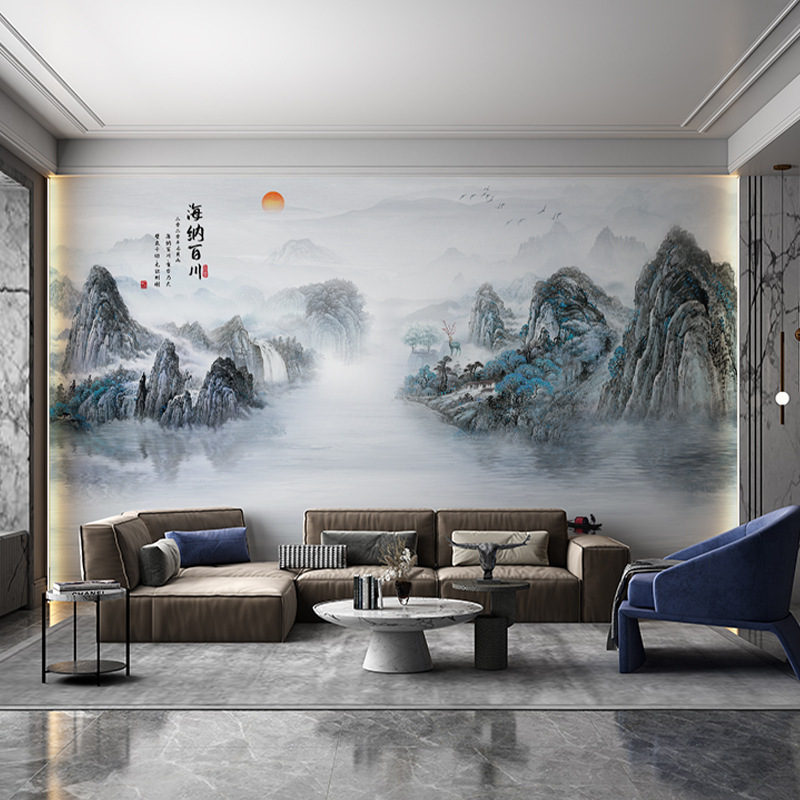 千里江山图电视背景墙壁布客厅新款中式壁纸3d立体壁画影视墙|undefined