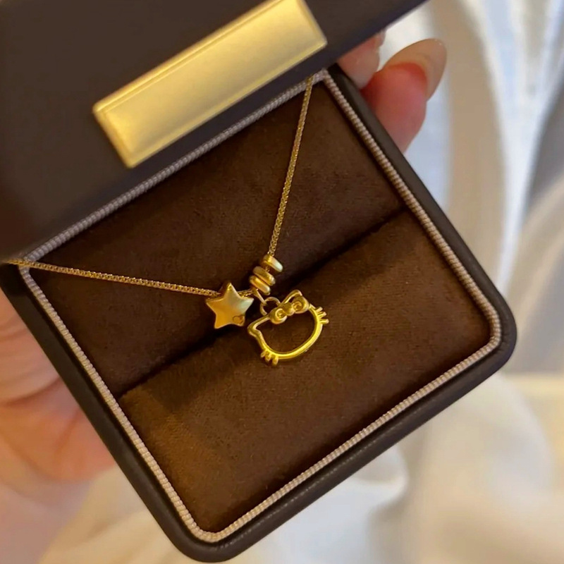 Golden Five-Pointed Star Hollow Hello Kitty Necklace 2026 New Sweet and Cute Niche Design Clavicle Chain Jewelry Customization