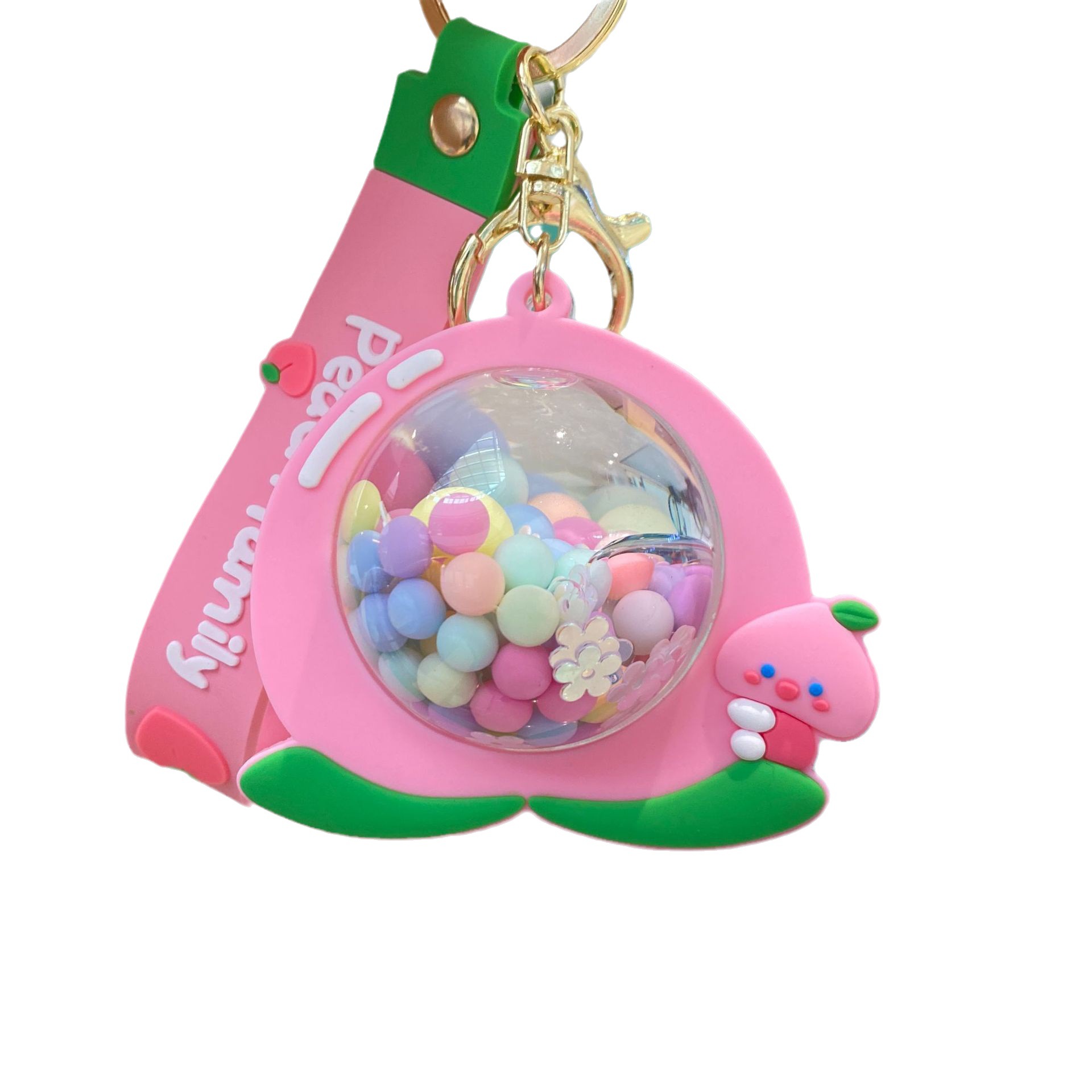 Acrílico lleno de aceite de melocotón llavero pareja bolsa colgante coche llavero lindo pequeño regalo al por mayor