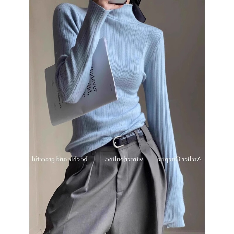 Blue Half Turtleneck Knitted Bottoming Shirt for Women in Autumn and Winter, High-End Slim-Fitting Soft Waxy Sweater with Tea Top