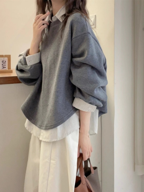 大码假两件拼接灰色卫衣女春秋2025新款胖mm宽松休闲显瘦长袖上衣|undefined