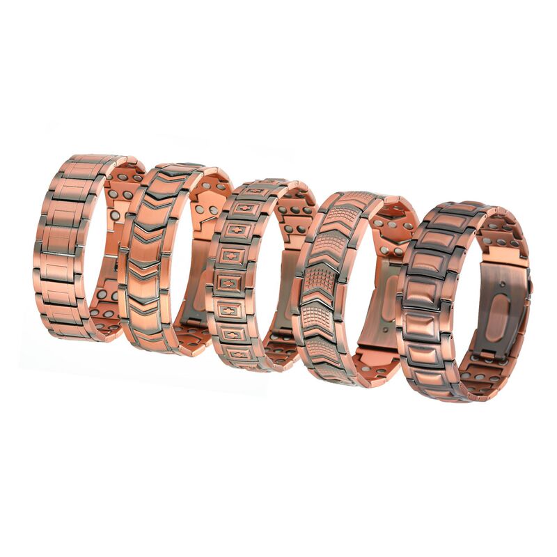 Cross-Border New Model Red Copper Three-Row Magnetic Bracelet with Embossed Shield, Wide Version Watch Strap Buckle Magnetic Bracelet, Adjustable Wholesale Cross-Border New Model Red Copper Three-Row Magnetic Bracelet with Embossed Shield, Wide Version Watch Strap Buckle Magnetic Bracelet, Adjustable Wholesale