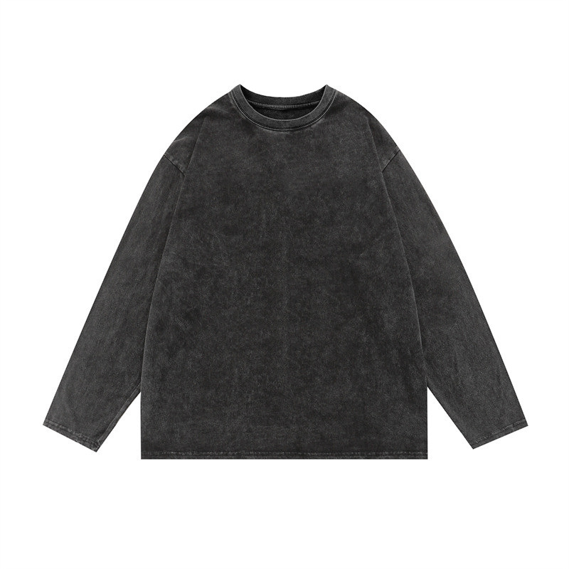Long-Sleeved T-Shirt, Pure Cotton, Heavy-Duty, Plain, Loose Fit, Unisex, Round Neck Top, Vintage-Style, Loose Fit, Retro Style