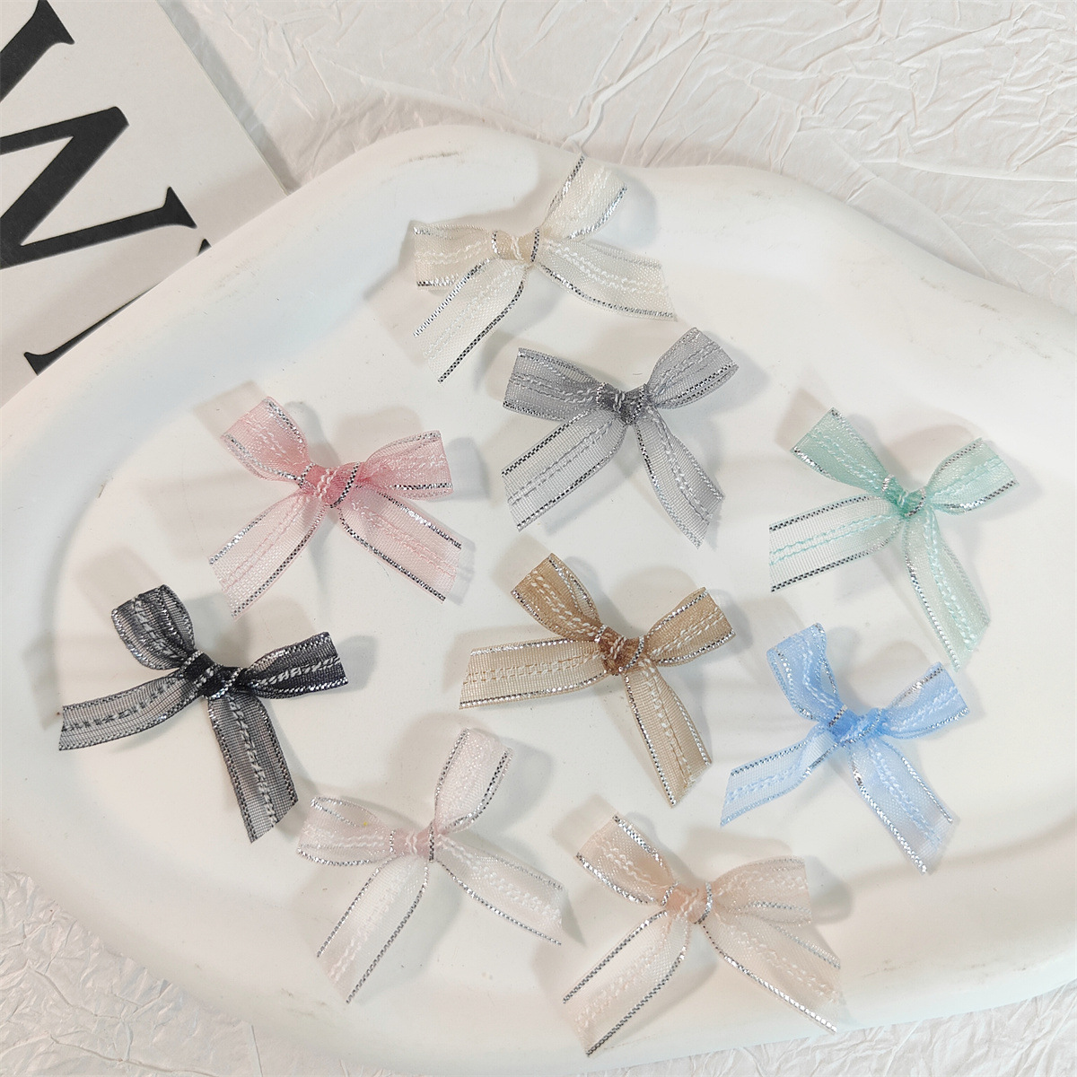 韩版彩色银边网纱蝴蝶结配件 diy发饰服饰手机壳手工包装装饰辅料