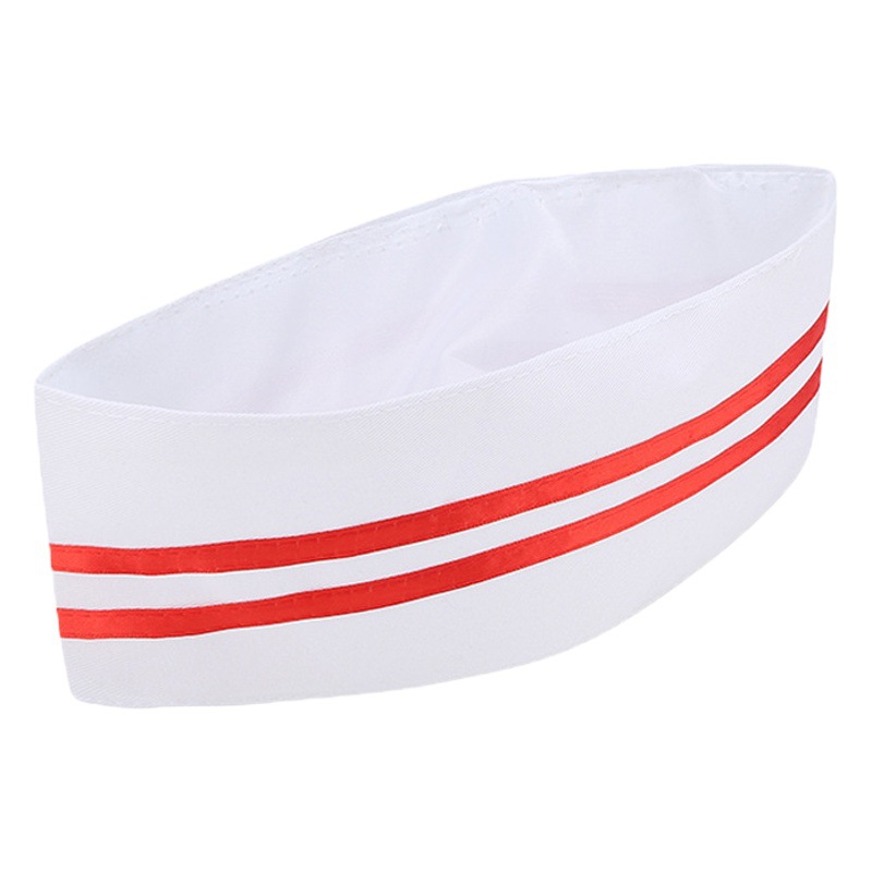 Chef Hat Men's Catering Kitchen Work Hat Boat Hat Canteen White Red Rim Breathable Cloth Hat High-end Flat Top