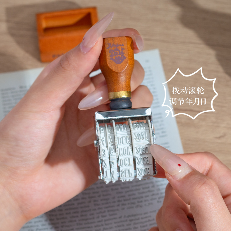 Lleno de energía sello de fecha retro libro de mano de bricolaje año, mes, día sello de rodillo sello de fecha transfronteriza