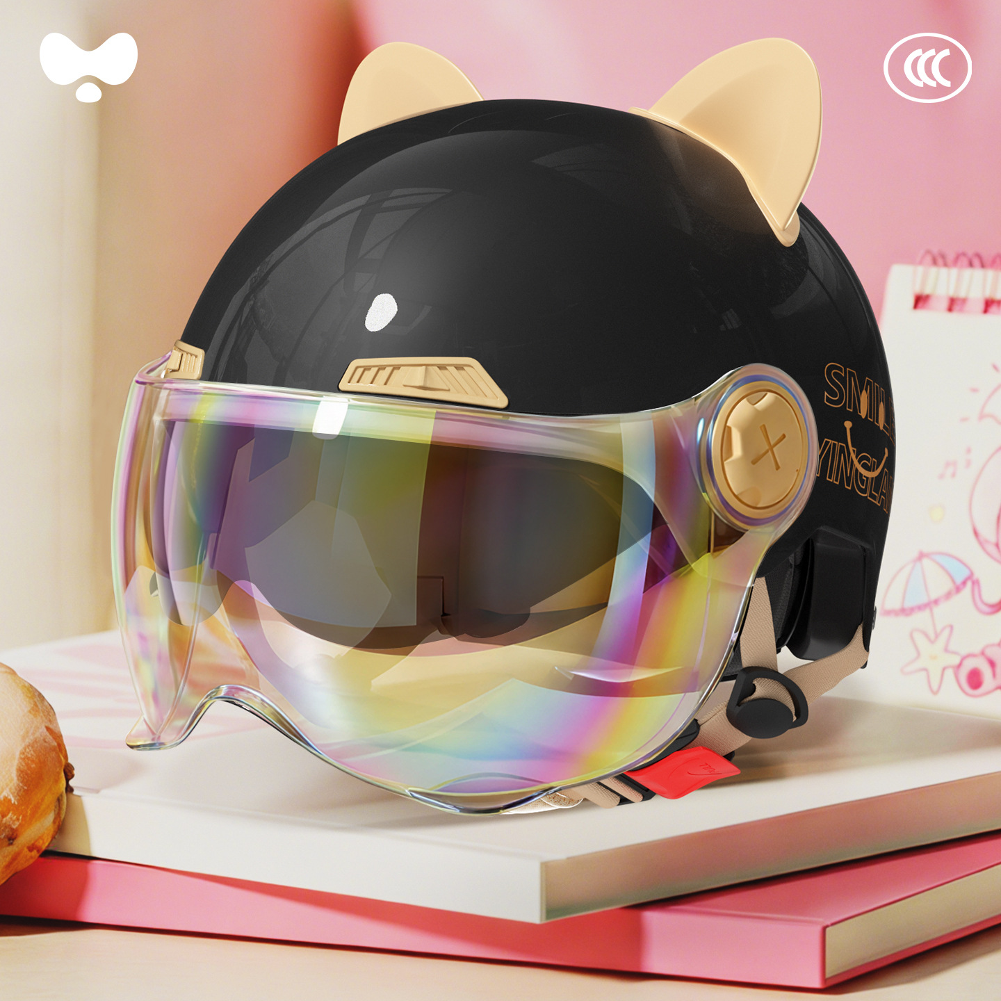 Cute Helmet Electric, Universal Motosiklet kaskı (dəbilqə) - 3c-double-lens-black-electroplated-short-lens-class-a-new-national-standard