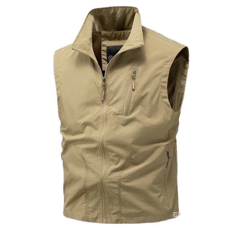 Cross-Border Four-Season Vest for Men, Casual Stand-Up Collar, Multi-Pocket Workwear Vest, Outdoor Waterproof Quick-Dry Vest with Printed Logo