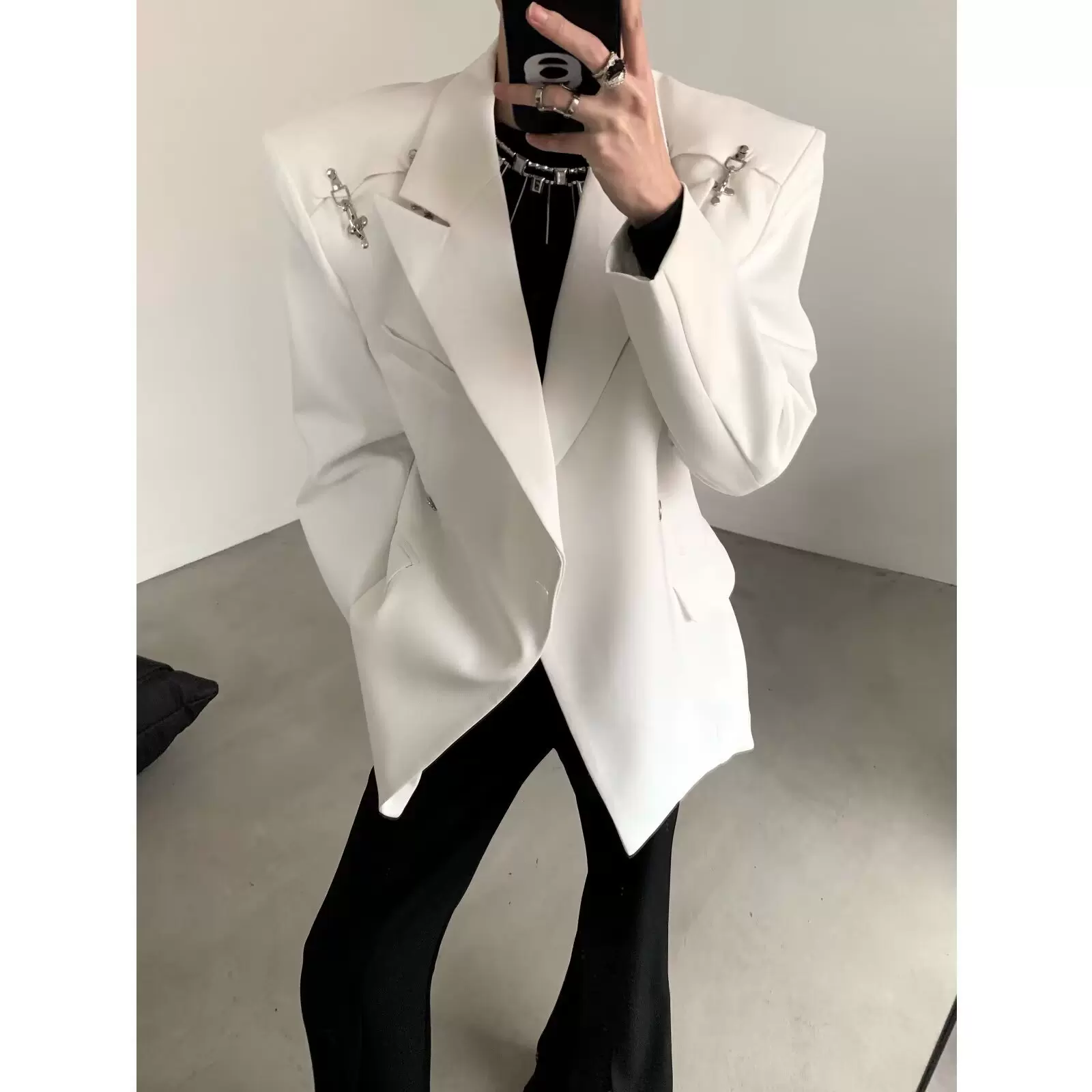 韩版简约潮流气质西服男百搭宽松休闲设计感外套男小众解构西服男