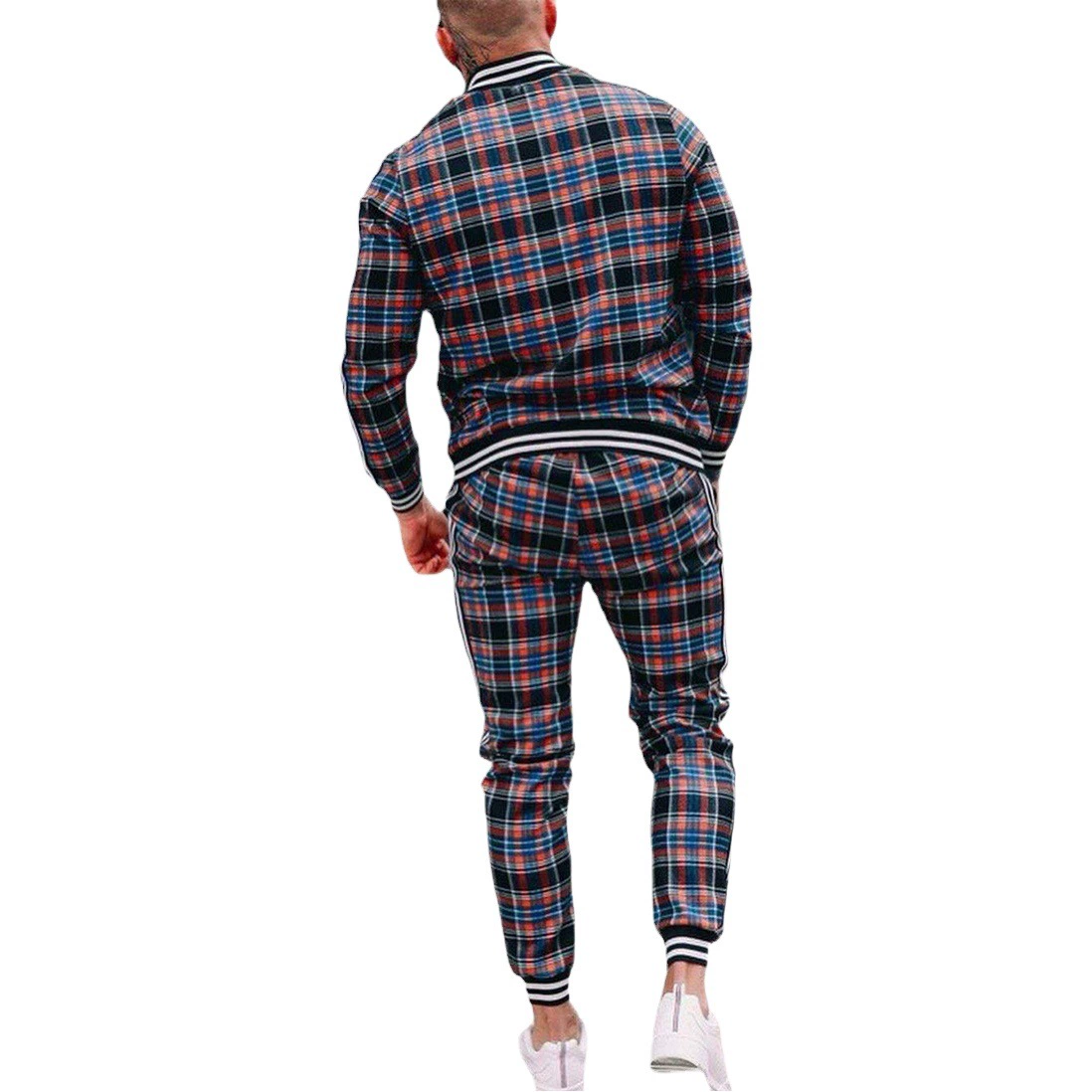 Трансграничная Новая Осенняя повседневная мужская одежда, Европейский и американский мужской спортивный костюм, клетчатая рубашка на молнии, куртка, брюки из двух предметов