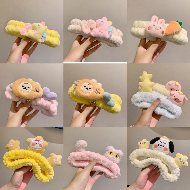 Otoño e invierno peluche dinosaurio maquillaje lavado facial correa de cabello mujer lindo conejo correa de cabello antideslizante gato estrella cerdo adornamiento de cabello