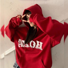 新款冬季连帽套头红色发泡秋冬oversize圣诞摇粒绒卫衣加绒厚卫衣