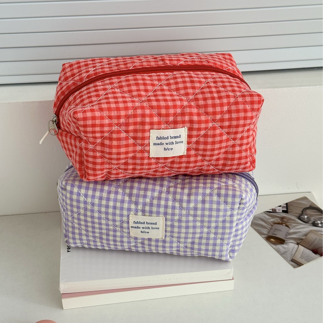 Cross-border Raspberry Check Mini Pouch, Simple Travel Portable Toiletry Bag, Large Capacity, Sweet Student Color Block Storage Bag
