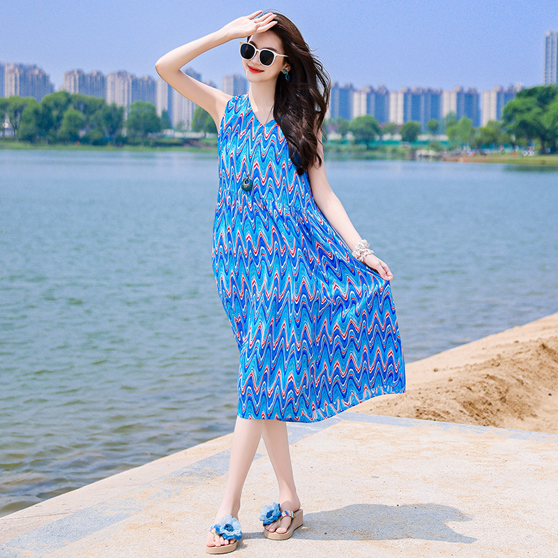 Summer Women's Korean Style Loose Slimming Polka Dot Sleeveless Dress Fashionable Korean Style Maternity Skirt Beach Skirt