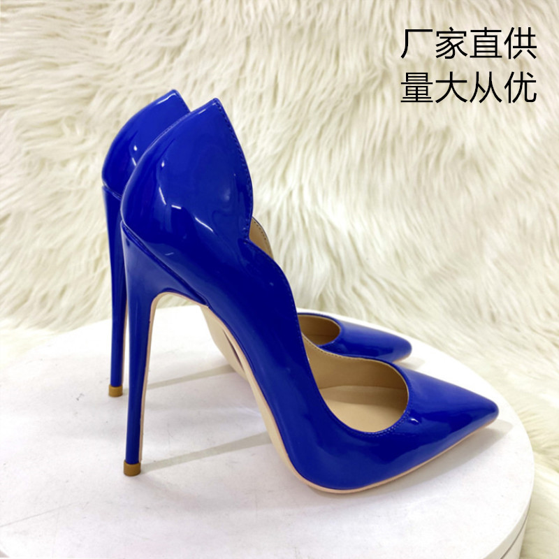 Cross-border foreign trade wholesale new sapphire blue patent leather wave high heels 12cm pointed stiletto heel shallow mouth shoes women's shoes